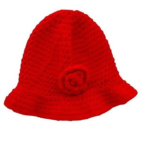 Womens Handmade Crochet Weird Girl Knit Scarlett Red Bell Floppy Bucket Hat - Picture 1 of 6
